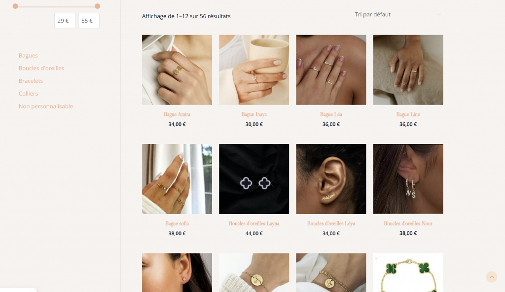 Capture d'écran de la page produit du site laynabijoux